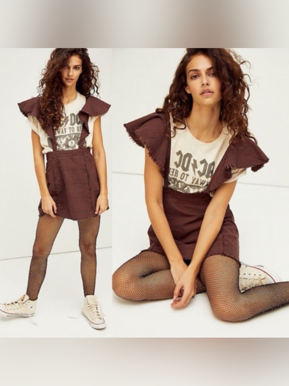 FREE PEOPLE Rowan Pinafore Plaid Mini Skirt Ruffled Straps Skater Grunge Sz S(6)